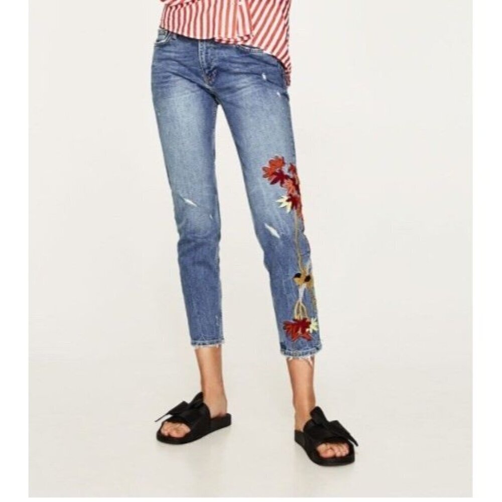 ZARA Women's Slim Boyfriend crop Jeans with Embroidery(Blue, US 4, EUR 36)